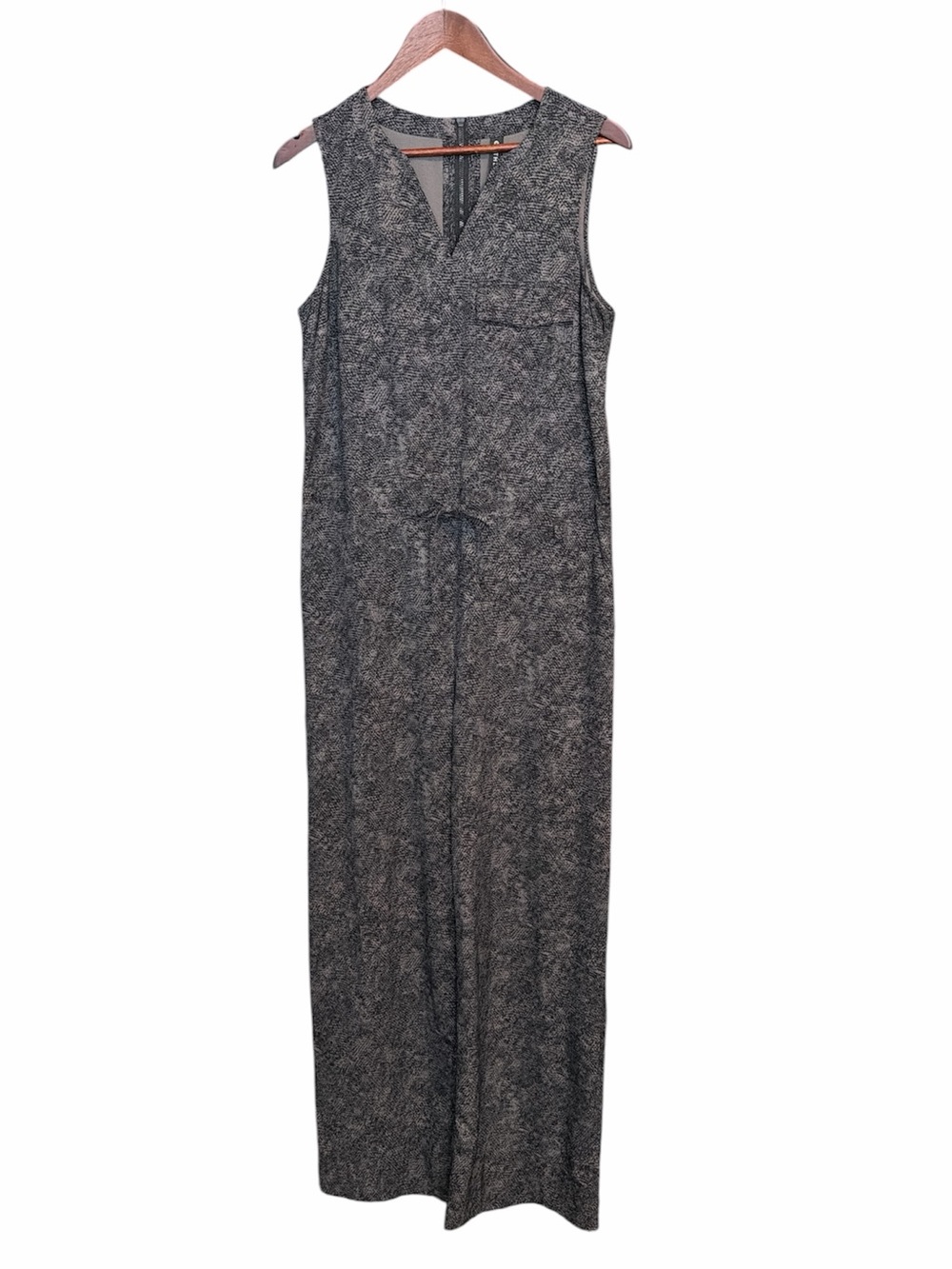 Athleta Topanga printed jumpsuit medium tall black gray wide leg pockets comfort